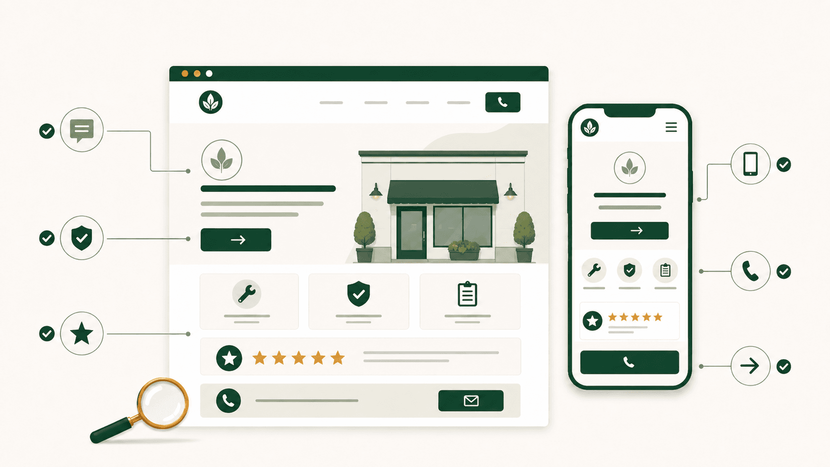 Website first impression check infographic showing desktop and mobile website trust signals.