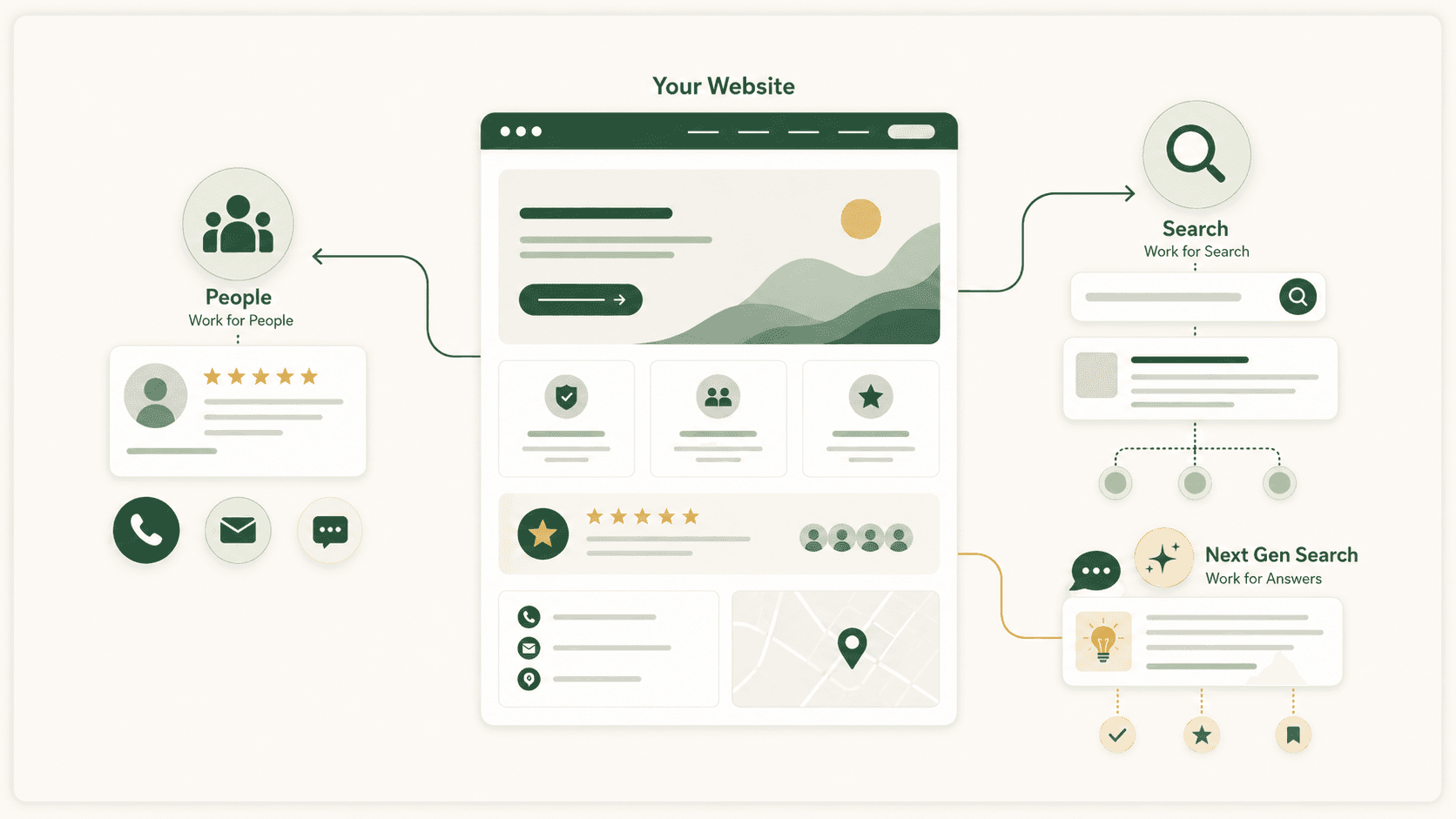 Infographic showing how one local business website supports people, search, and next generation search.
